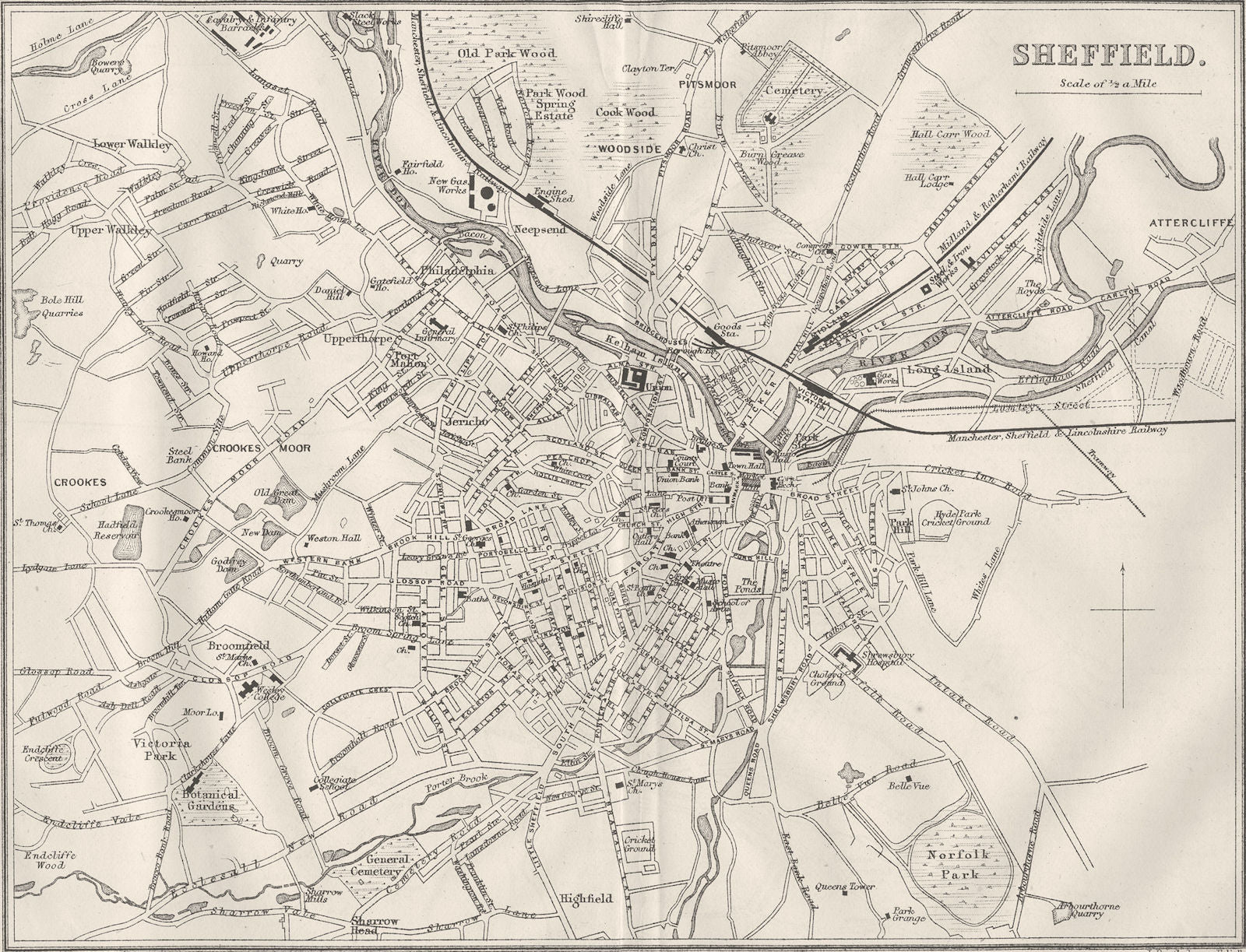 YORKS. Sheffield town plan 1874 old antique vintage map chart